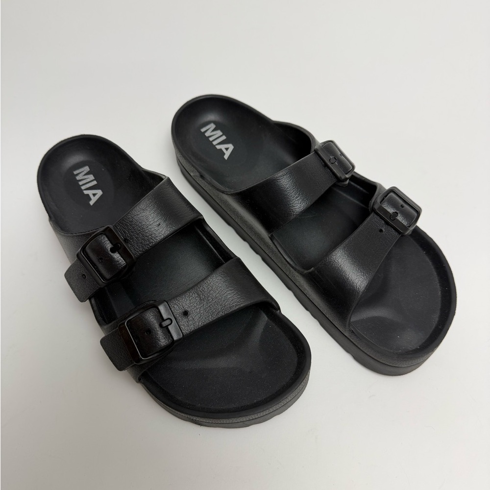 MIA Black Double-Buckle Slide Sandals with Contoured Footbed